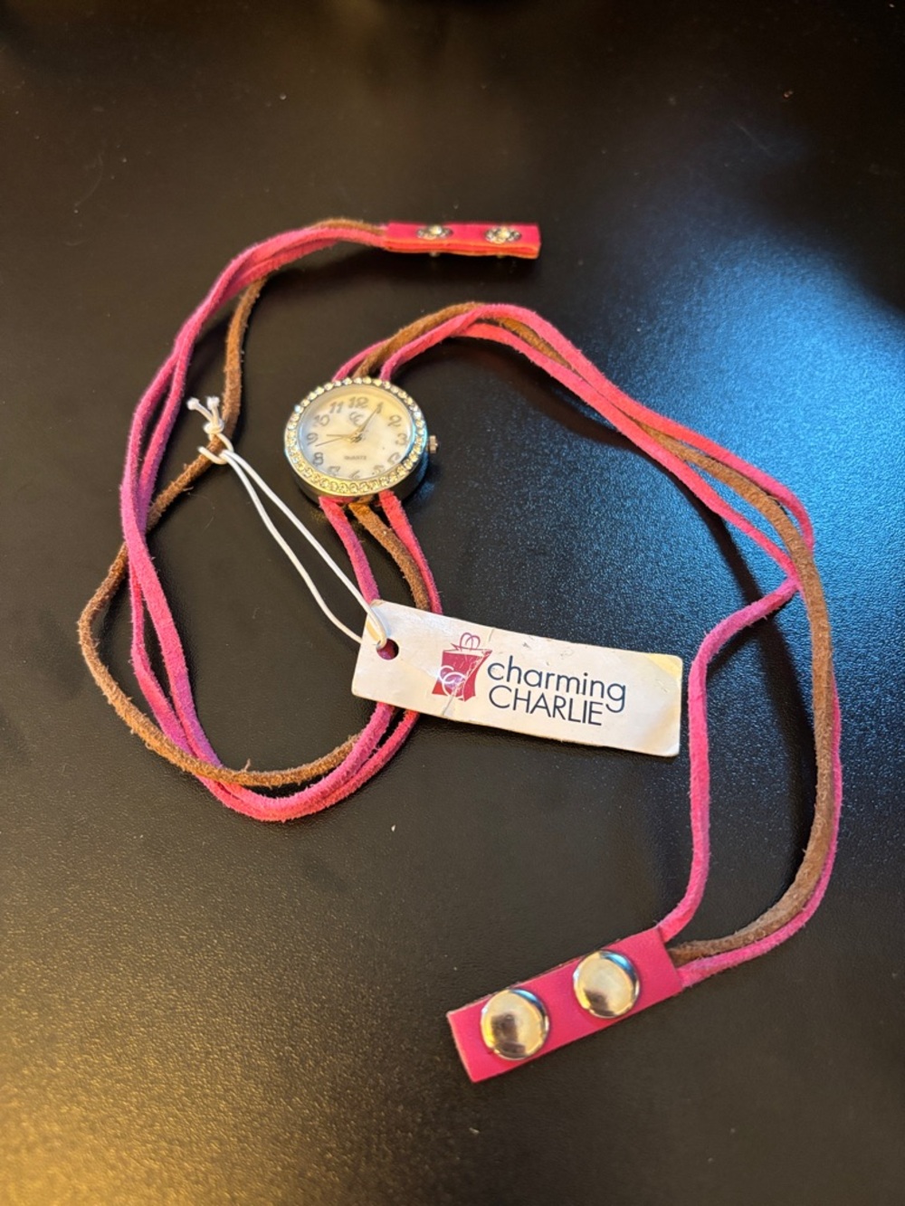 Charming Charlie Pink and Brown Suede Wrap Watch Bracelet